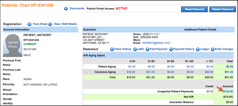 unapplied patient payments amount