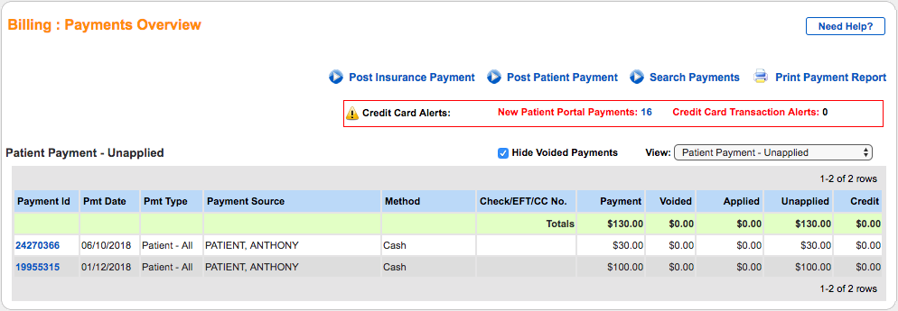 payments overview unapplied patient payments