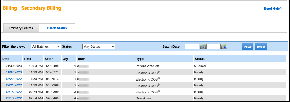 secondary billing batch status