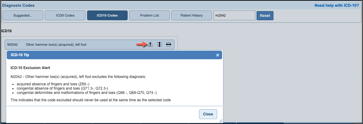 diagnosis coding exclusion alert