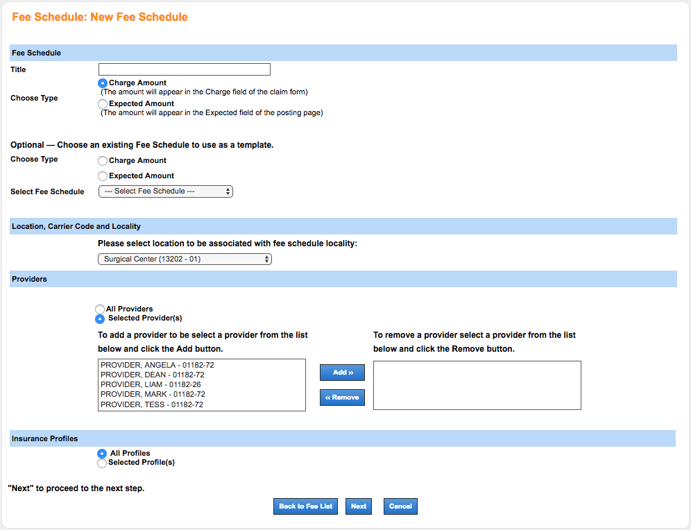 fee schedule create