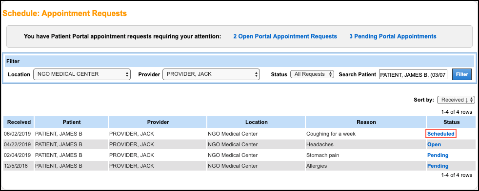 patient appt requests scheduled