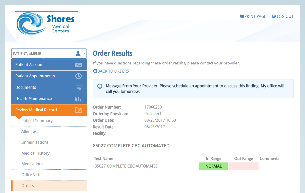 order results patient message