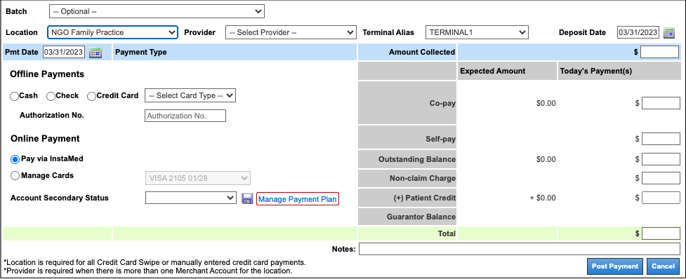 instamed payment plan manage checkin