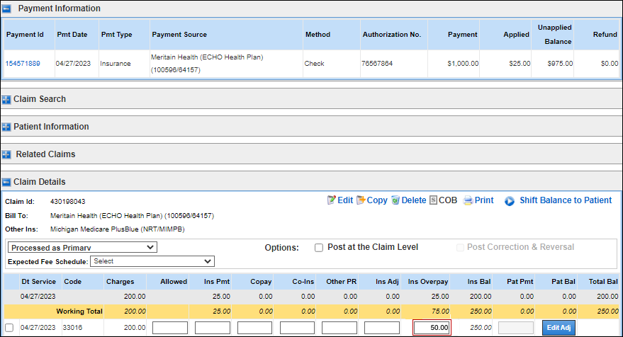 insurance overpayment field
