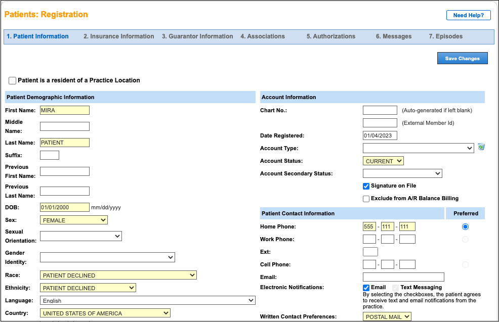 patient registration patient information