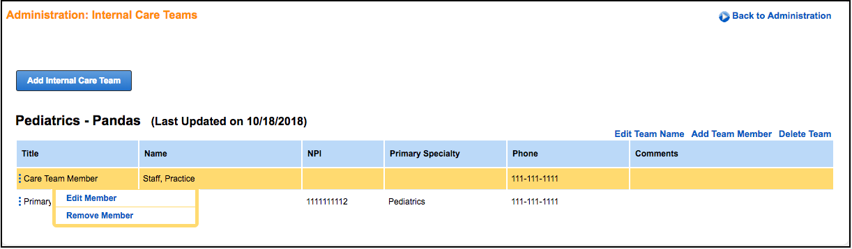 internal care teams edit remove
