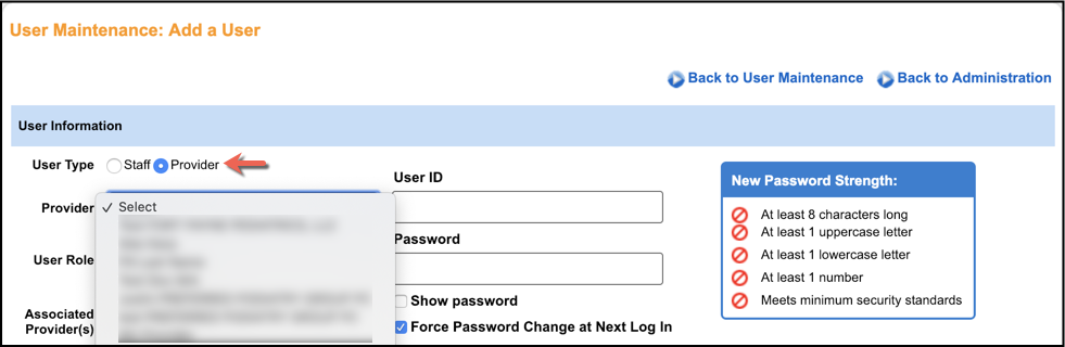 user maintenance select provider