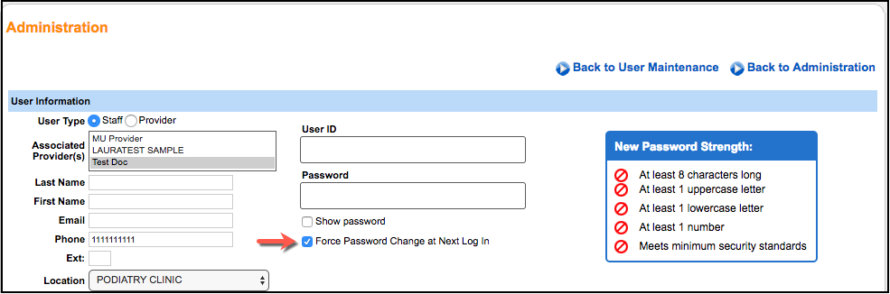 user maintenance force password