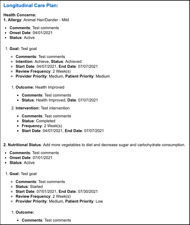 longitudinal care plan encounter summary preview