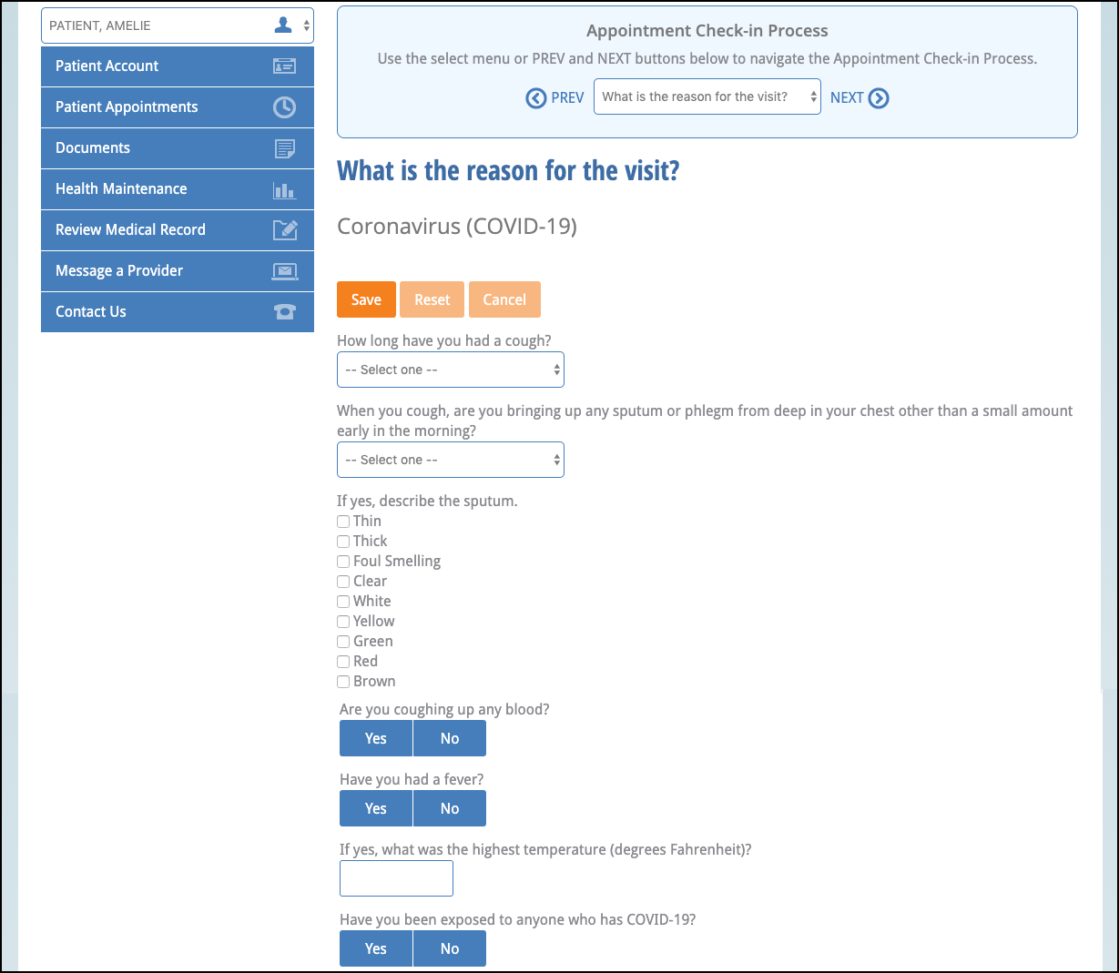 covid-19 reason for visit