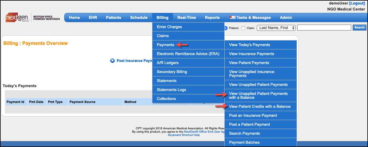 patient payments with balance navigation