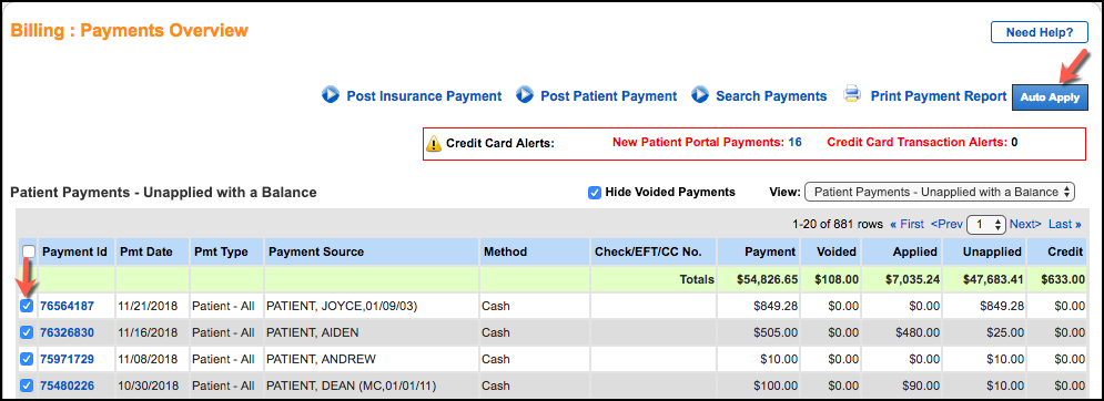 auto-apply unapplied patient payments with balance