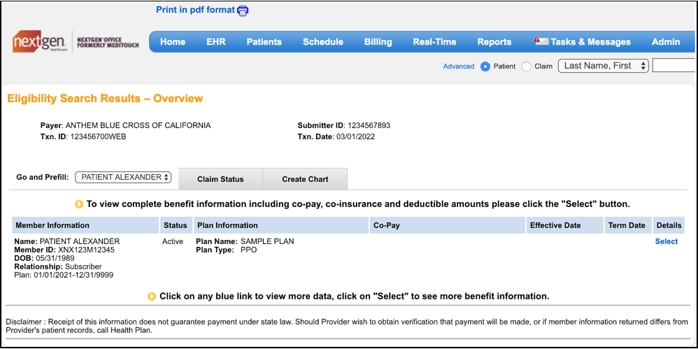 Eligibility search results overview