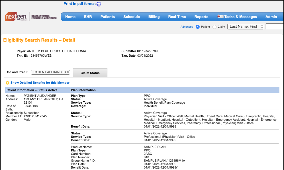 Eligibility search results detail