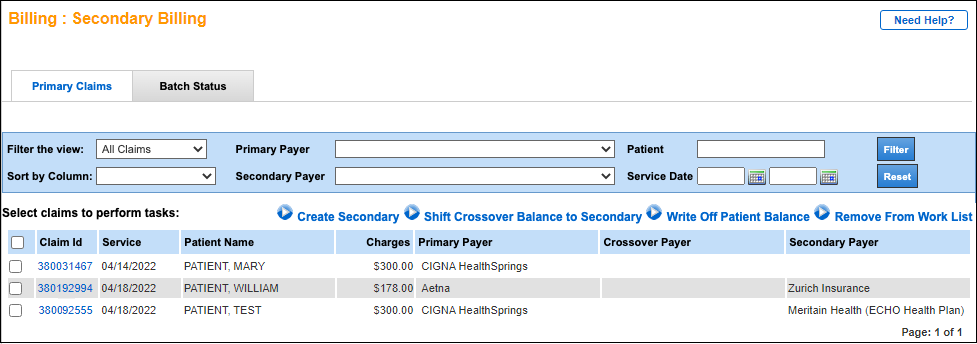 secondary billing primary claims