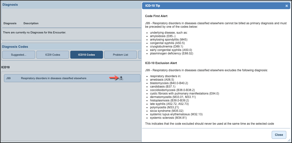 diagnosis coding code first exclusion alerts