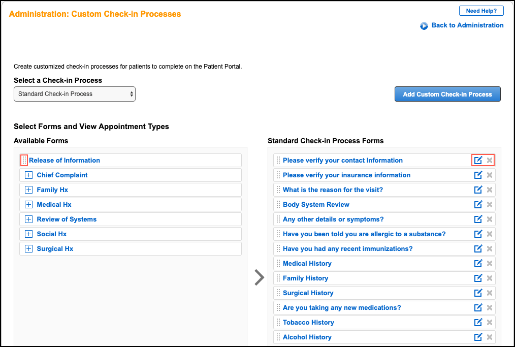 custom check-in processes standard
