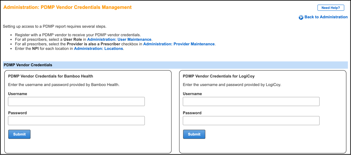 PDMP vendor credentials management