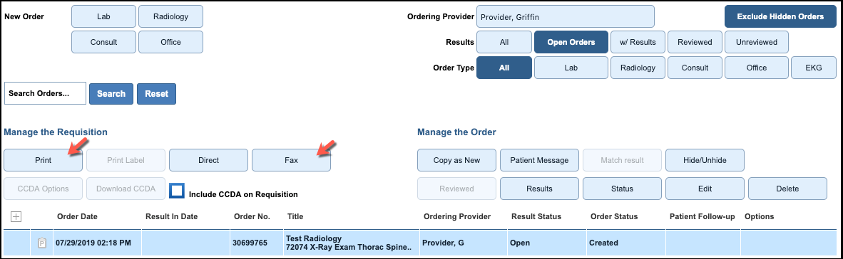radiology orders external print fax