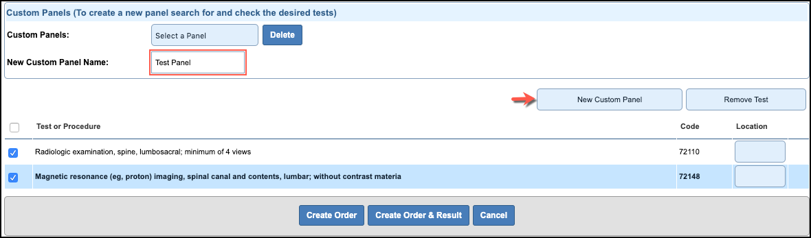 radiology orders custom panel