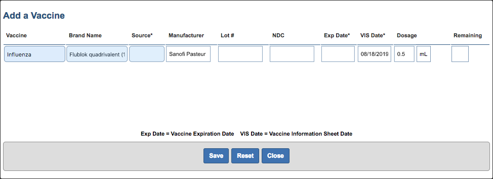 immunization add vaccine from inventory