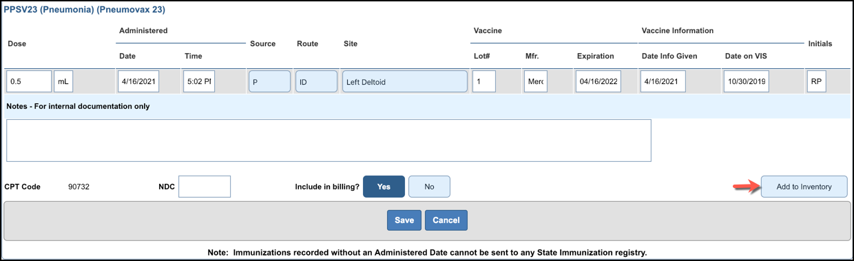 immunization add to inventory