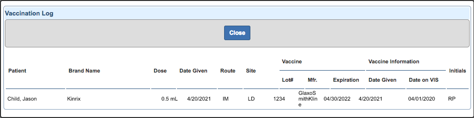 immunization vaccination log