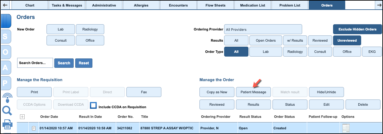 orders patient message