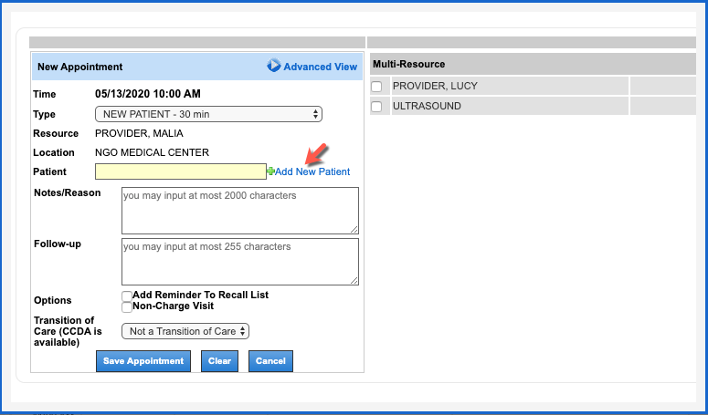 schedule appts add new patient