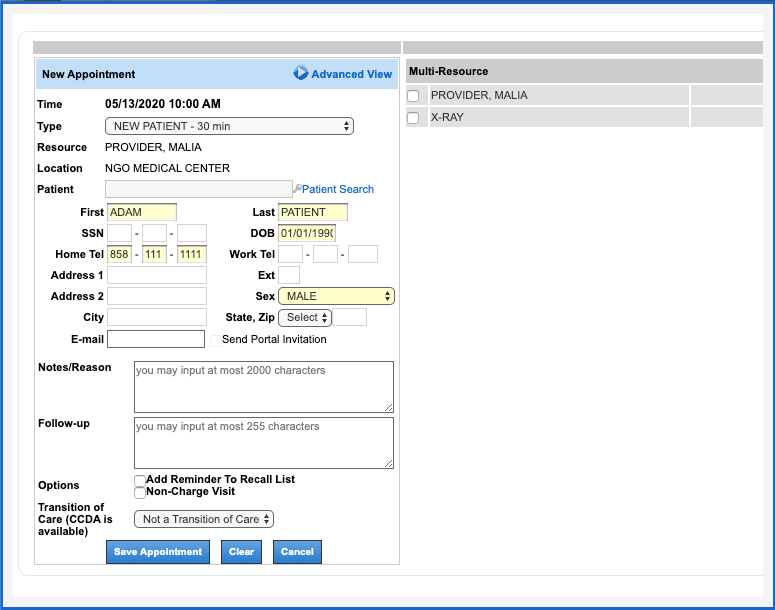 schedule appts add new patient filled