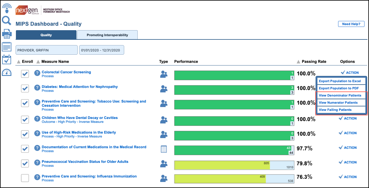 quality dashboard population