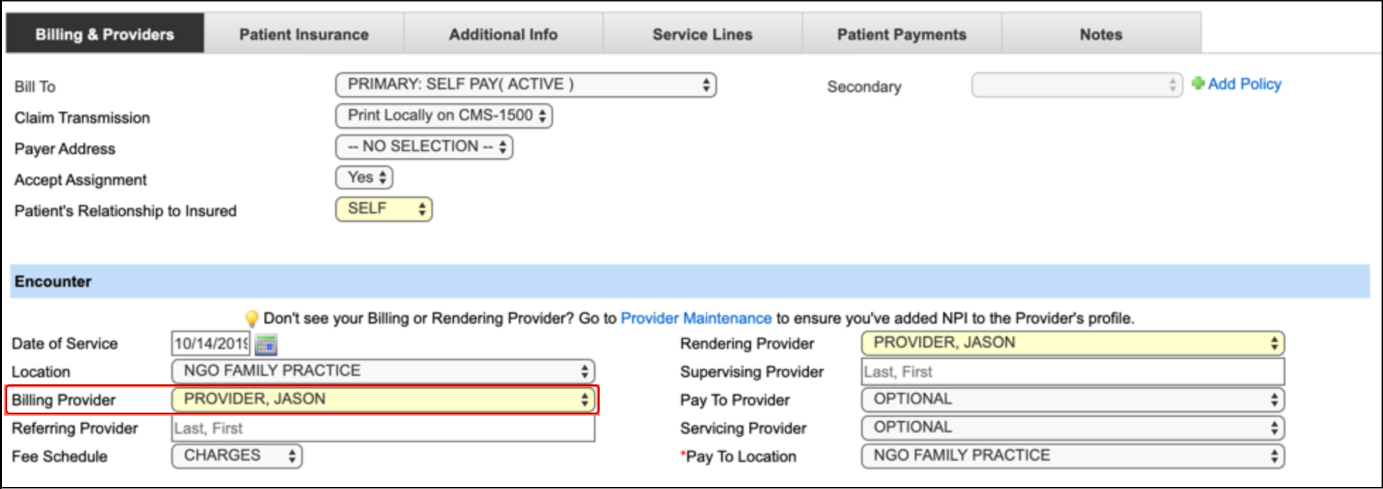 default billing providers charge entry