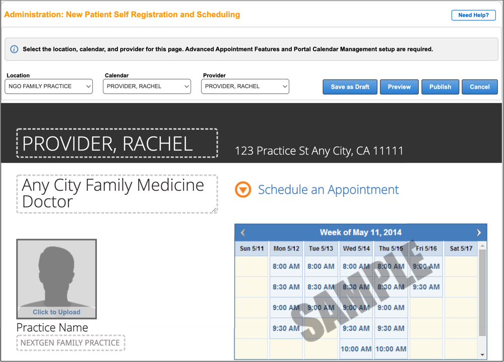 new patient self registration scheduling create