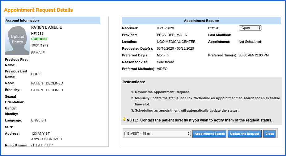 patient appt request details evisit