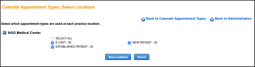 calendar appointment types select locations