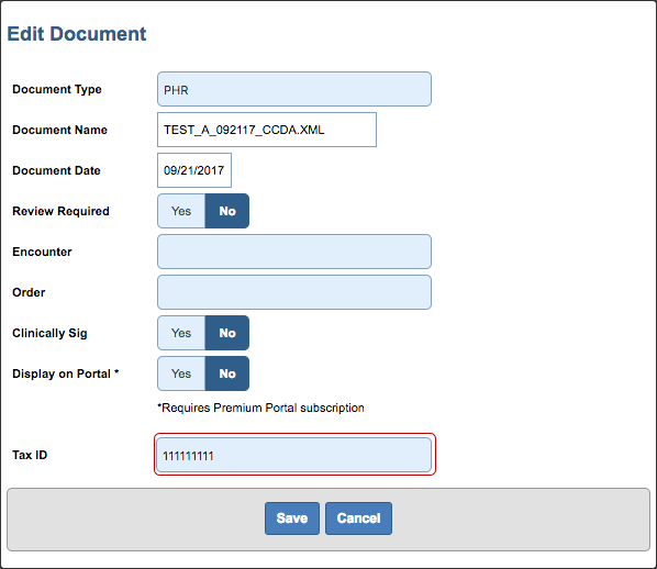 imported CCDA tax ID
