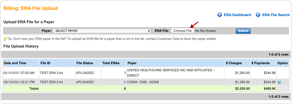 ERA Dashboard file upload