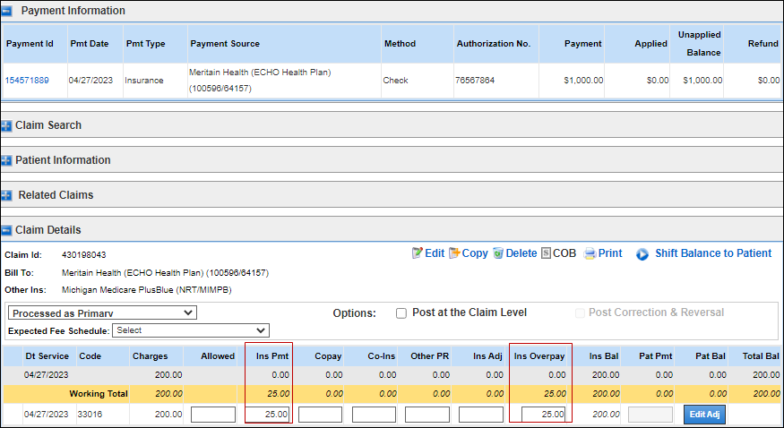Ins Pmt and Ins Overpay field
