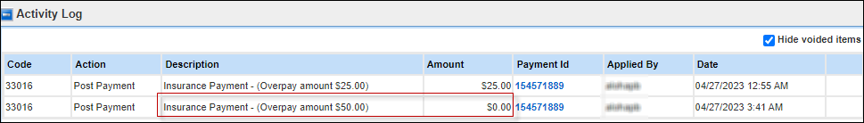 zero dollar in amount field activity log