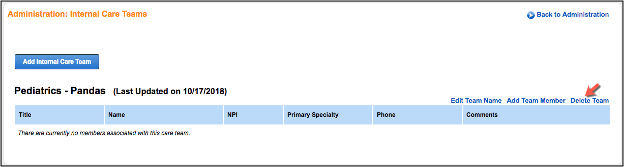 internal care teams delete team