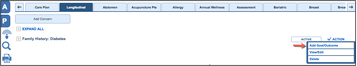 health concern add goals outcomes