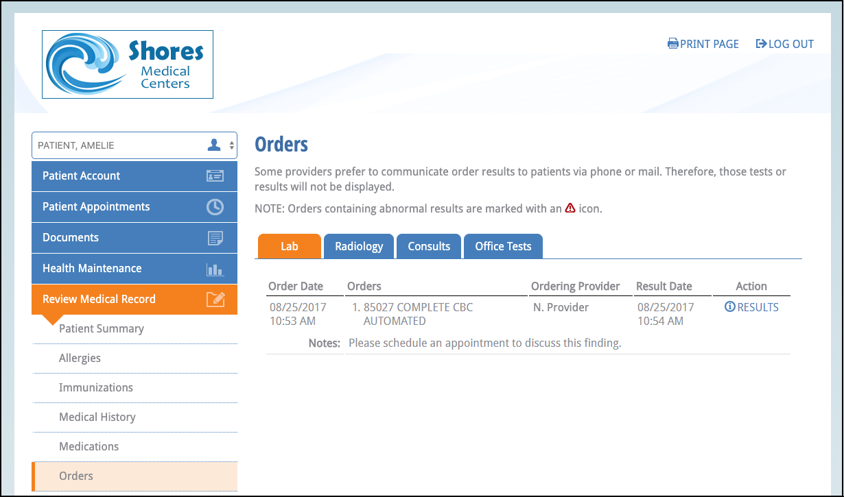 orders patient message
