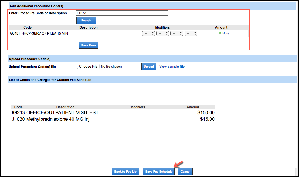fee schedule custom codes