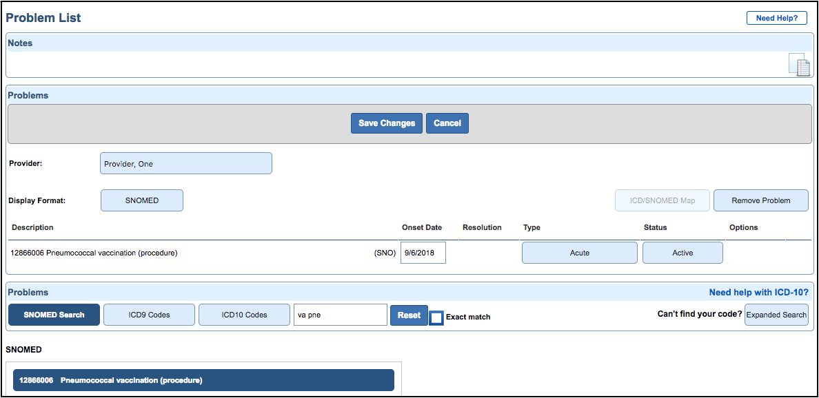 problem list SNOMED search