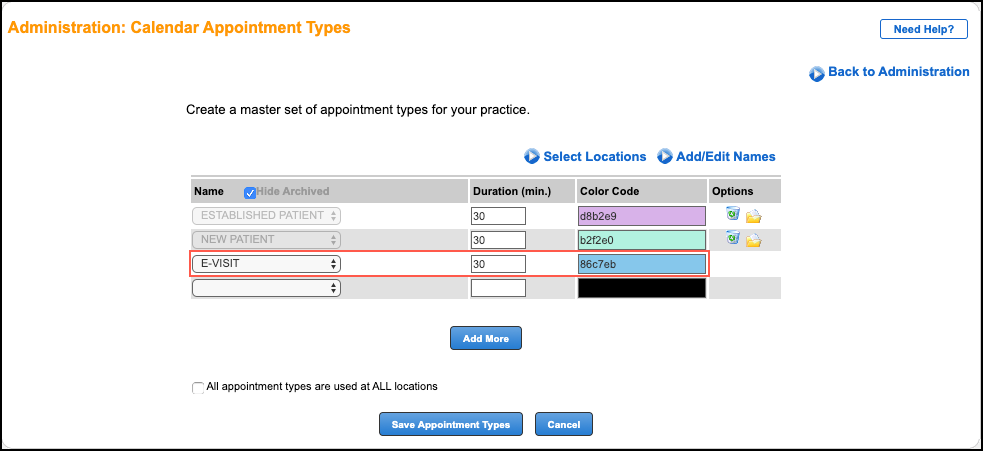 calendar appointment types e-visit