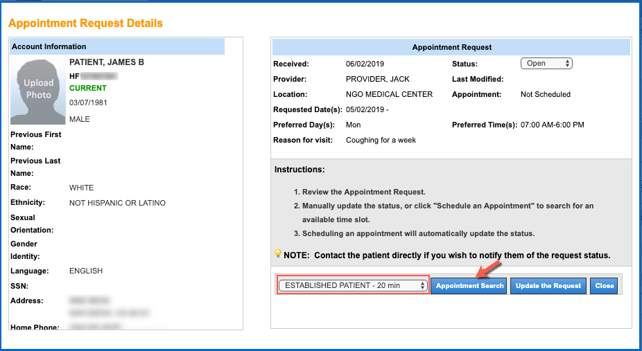 patient appt request details
