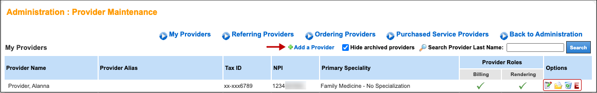 provider maintenance add options