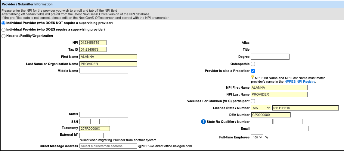 provider maintenance provider submitter information