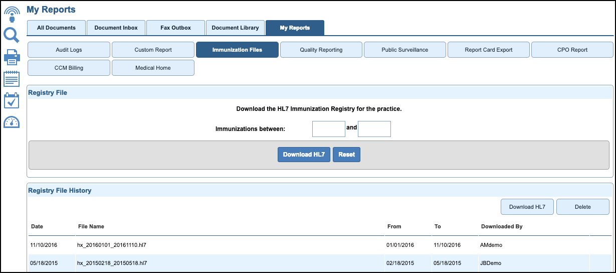 my reports immunization files